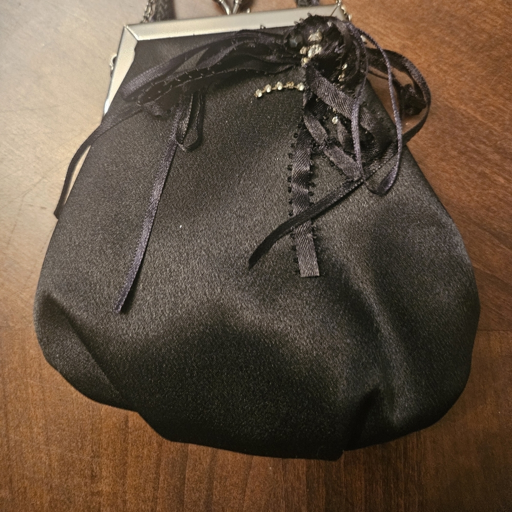 Elegant Black Evening Bag Black Satin Beaded